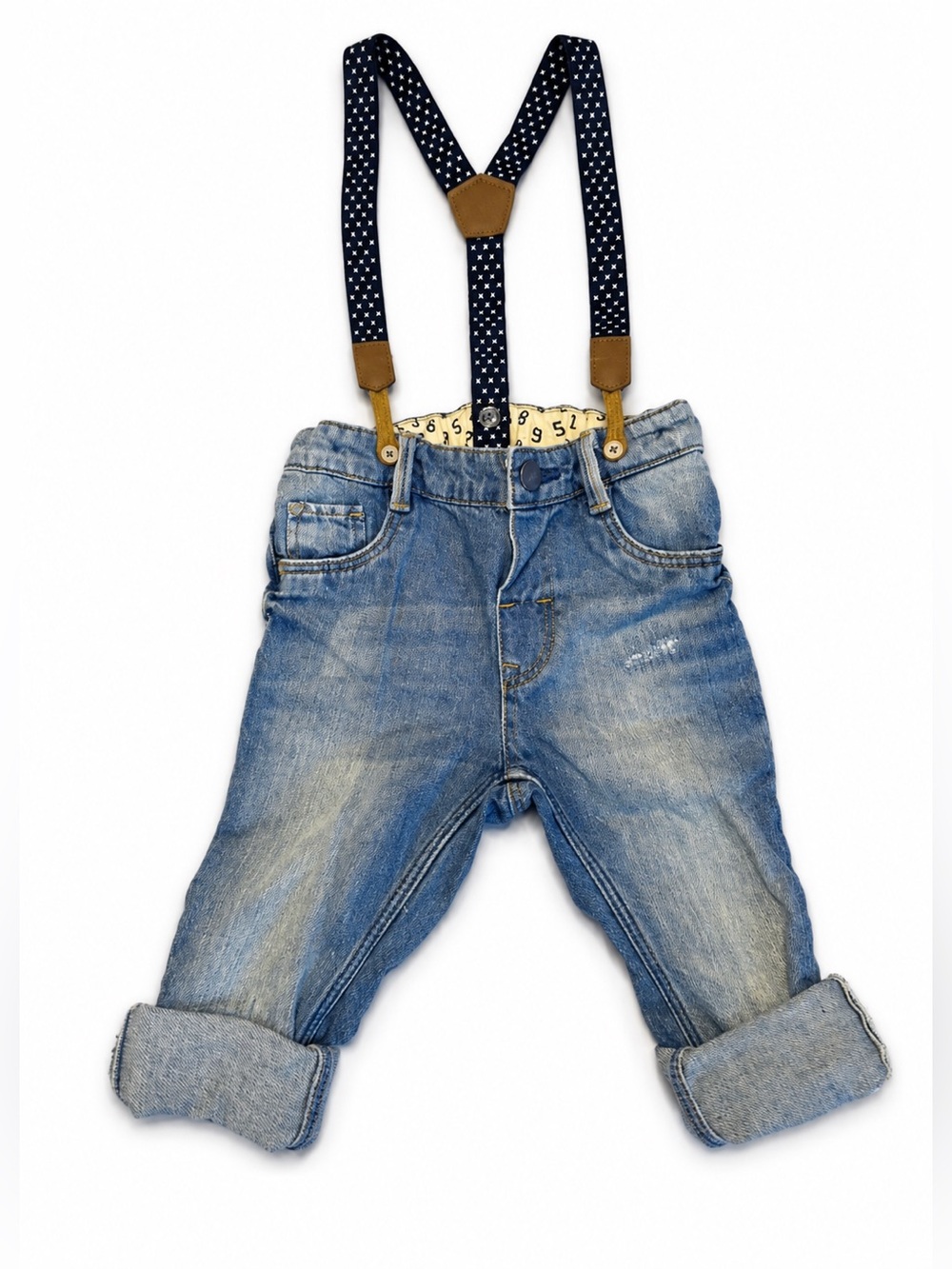 H&M Baby Boy Denim Suspender Pants 12-18M Rolled Cuff